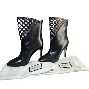 Gucci Women's Black Plume Calfskin Leather Lattice Cutout Boots‎ Size EU 39.5
